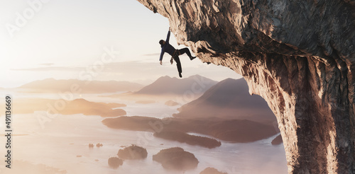 Adventurous Adult Man Rock Climbing a Steep Rocky Mountain on the Ocean Coast. 3d Rendering Cliff Extreme Adventure Sport Concept. Aerial background from British Columbia, Canada.
