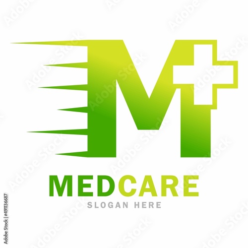 Abstract letter M plus with medical fast vector design logo. this is cross or plus for symbol health logo