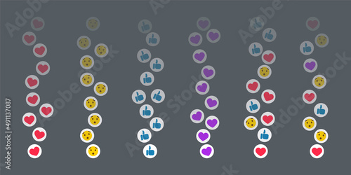 Likes flying up for stories and live streams. Rainbow like icons for social media ui. Vector illlustration isolated in dark background