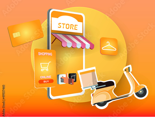 Modern online shopping and e-commerce concept featuring smartphone store interface, digital payment, shopping cart and delivery scooter. Ideal for mobile commerce, online retail, delivery services and