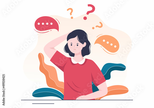 People Thinking to Make Decision, Problem Solving and Find Creative Ideas with Question Mark in Flat Cartoon Background for Poster Illustration