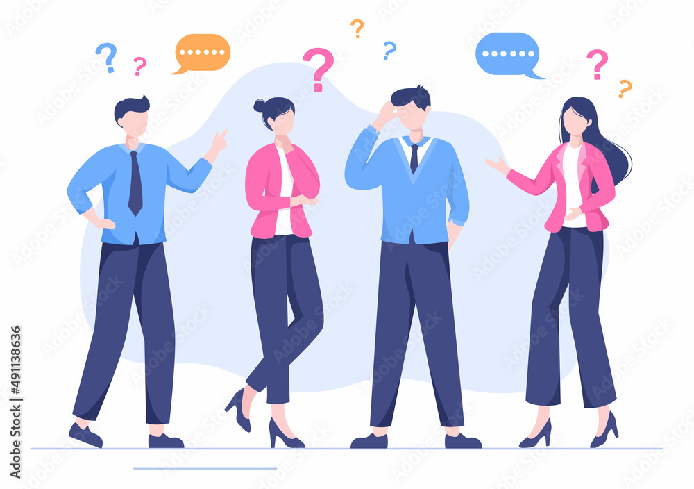 Obraz premium People Thinking to Make Decision, Problem Solving and Find Creative Ideas with Question Mark in Flat Cartoon Background for Poster Illustration
