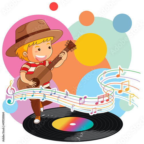 A little boy playing guitar with music notes on white background
