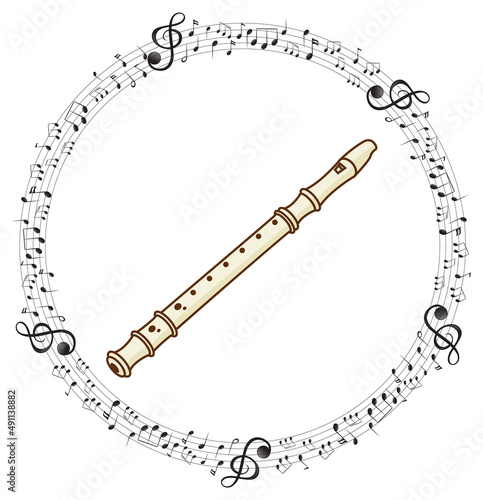 A recorder with musical notes on white background