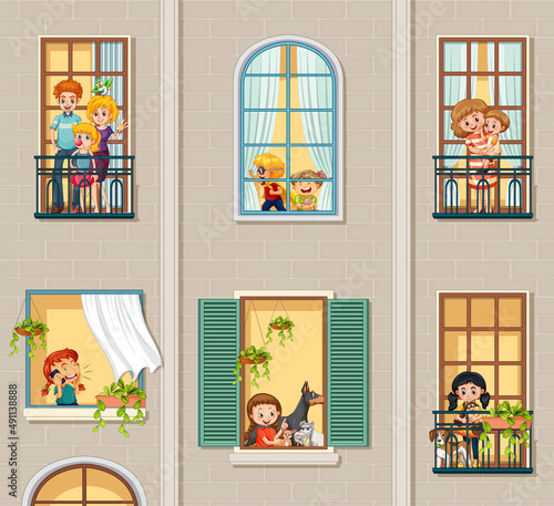 Apartment windows with neighbors cartoon character