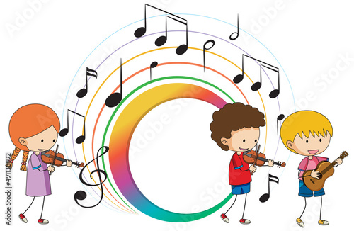 Children playing musical instruments and banner music notes colourful