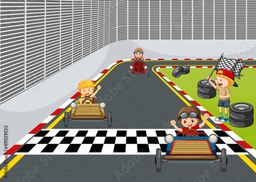 Soapbox derby scene with children racing car