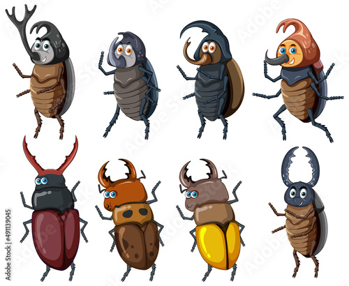 Set of different insects and beetles in cartoon style
