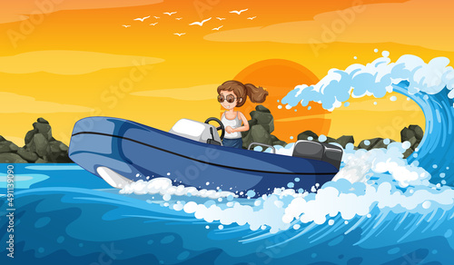 Ocean wave scenery with a woman driving a speedboat