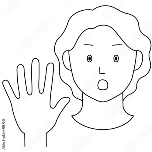 片手を前に突き出し「NO」の意思表示をする女性のイラスト（白背景・ベクター・線画・切り抜き）