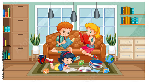 Children reading book at home