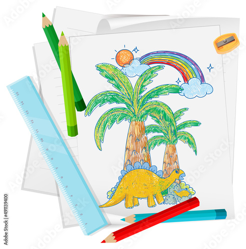 A paper with a doodle sketch design with color and colour pencils