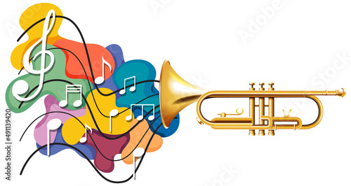 Music notes rainbow colourful with trumpet on white background