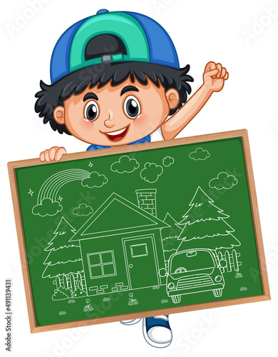 A boy holding board with a doodle sketch design on white background