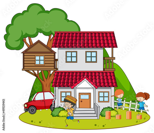 A simple house with kids in nature background
