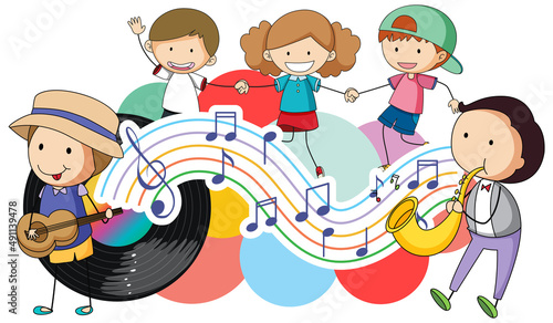 Happy children and music notes rainbow colourful with vinyl record on white b...