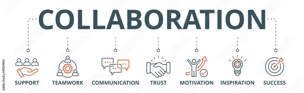 Collaboration banner web icon vector illustration concept for teamwork and working together with icon of support, teamwork, communication, trust, handshake, motivation, inspiration, and success Collaboration banner web icon vector illustration concept for teamwork and working together with icon of support, teamwork, communication, trust, handshake, motivation, inspiration, and success