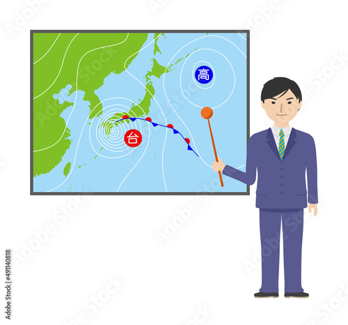 台風の季節を気圧図で説明をする男性の気象予報士
