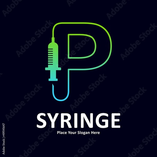 Abstract Letter P in shape of syringe design vector logo. Suitable for initial health and immunization symbol 