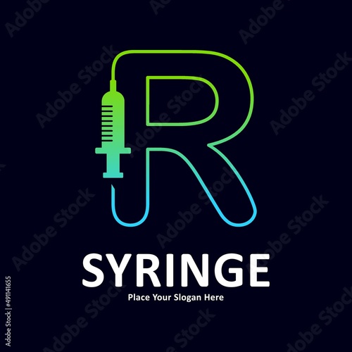 Abstract Letter R in shape of syringe design vector logo. Suitable for initial health and immunization symbol 