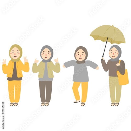Various activities of muslim women wearing the hijab