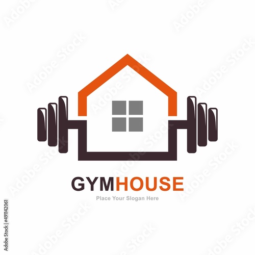 Gym house logo vector template. Suitable for barbell or fitness symbol and house design