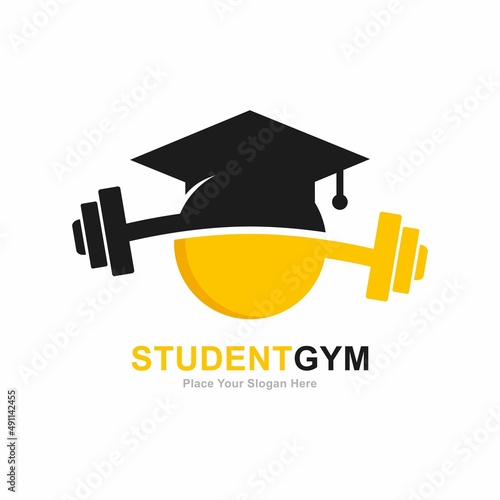 Student gym with barbell logo vector design. Suitable for education, fitness and student symbol