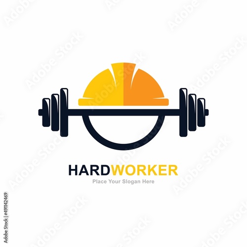 Hard worker with barbell and helmet logo vector template. Suitable for business, industry, fitness symbol 