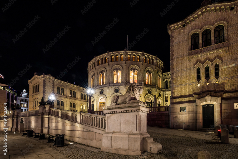 Oslo, Norway  The exterior at night of the Norwegian Parliament, or Stortinget,