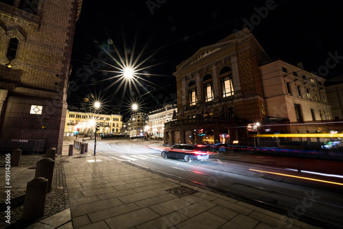 Oslo, Norway  Night scene and traffic downtown in Stortingsgata, or Parliament street.