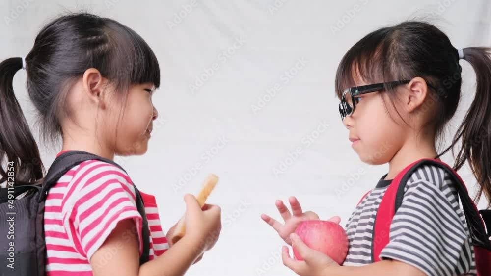 Friendly cheerful classmates sharing healthy meal. Two cute schoolgirls having lunch together on white background in studio. Concept of nutrition in school. Friendly cheerful classmates sharing healthy meal. Two cute schoolgirls having lunch together on white background in studio. Concept of nutrition in school.