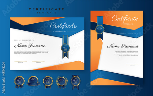 Modern blue orange certificate of achievement border template with luxury badge and modern line pattern. For award, business, and education needs
