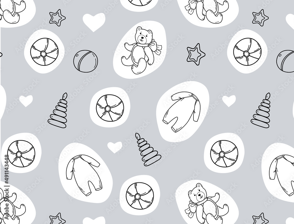 Seamless pattern of hand drawn baby and newborn doodle for icon, banner. Cartoon sketch style doodle for icon, banner. Elements little baby clothes. Seamless pattern of hand drawn baby and newborn doodle for icon, banner. Cartoon sketch style doodle for icon, banner. Elements little baby clothes.