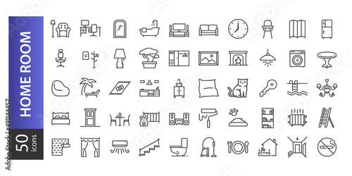 Simple Set of Home Room Types Related Vector Line Icons. Contains such Icons as Kitchen, Living Room, Pet, Vaccum Cleaner, Wi-fi, Dining Room and more. Editable Stroke.