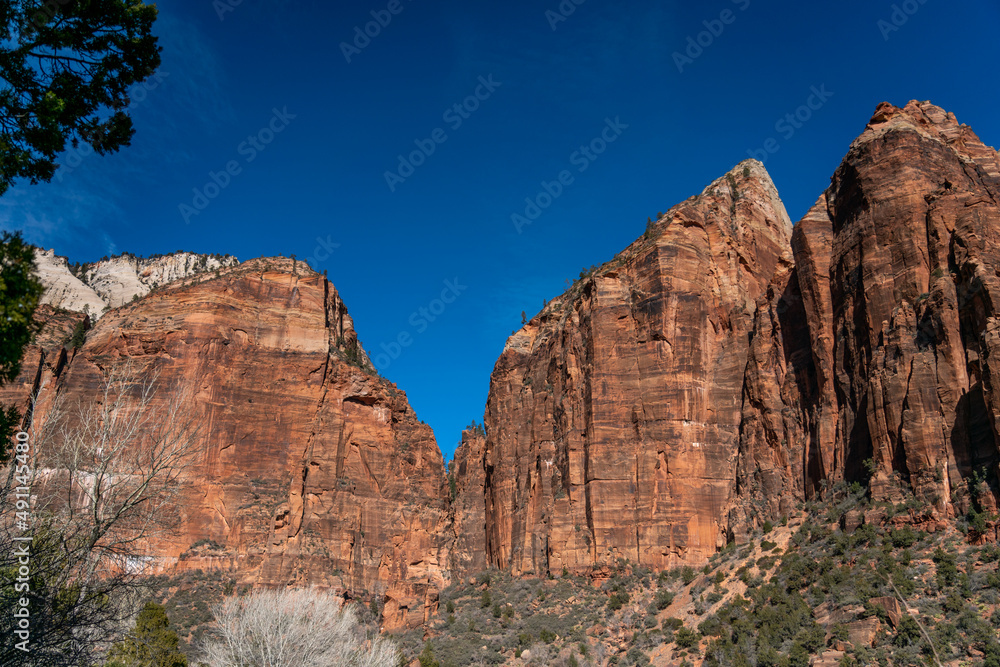 Fototapeta premium View of Zion National Park Mountains Peaks with Clear Blue Skies