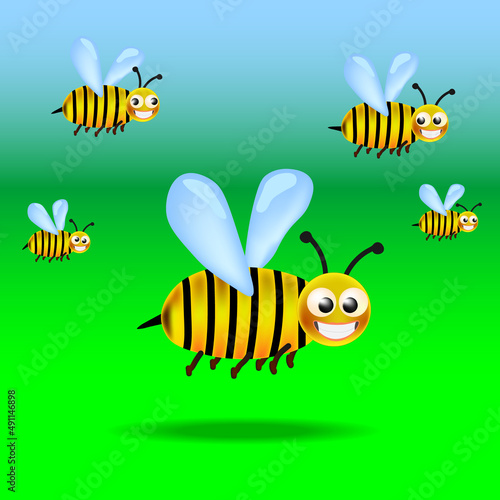 Five funny bees in flight