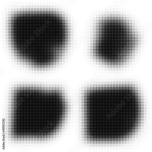 The halftone texture is black and white. A set of halftone abstract backgrounds. Spots of dots on a white backdrop