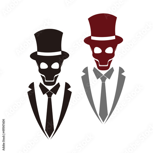 Mister skeleton set icon human skull in hat, suit and tie sign	