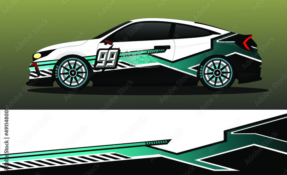 Racing car wrap design vector. Abstract graphic stripe racing background kit design for vehicle wrap, race car, rally, adventure and livery Racing car wrap design vector. Abstract graphic stripe racing background kit design for vehicle wrap, race car, rally, adventure and livery
