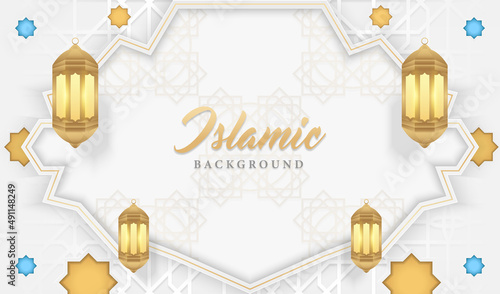 minimal islamic decoration lantern with muslim pattern background