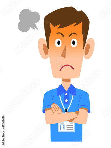 半袖のポロシャツ姿でネームタグを身に着けた男性スタッフの怒りの表情
