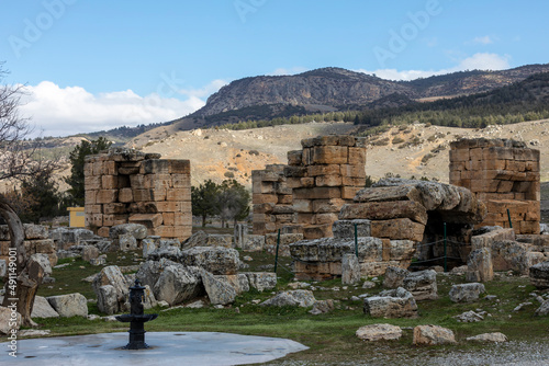 colonnade on the main street of ancient ruined city Hierapolis in Turkey