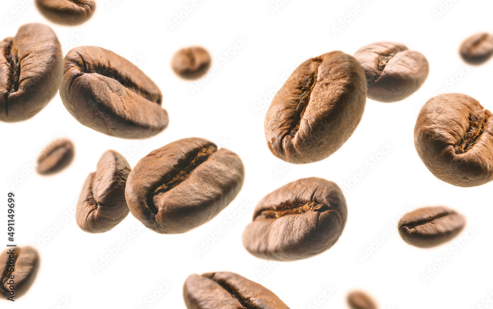 Coffee beans levitate on a white background Coffee beans levitate on a white background