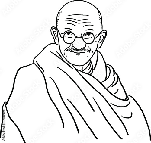 Mahatma Gandhi Indian lawyer Portrait Hand drawn line art Illustration photo