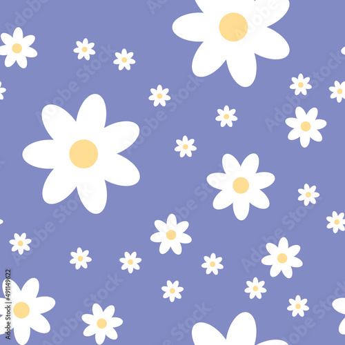 White daisy or chamomile flower pattern. Daisies on a blue background. Floral outline, minimalistic trendy seamless pattern for textile design, packaging wallpaper. Vector repeating floral elements.