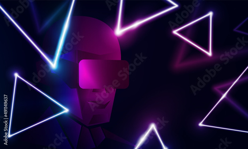 Abstract human face in augmented or virtual reality glasses. digital interface on Light out technology and with neon. Hitech communication concept innovation dark background,  vector design