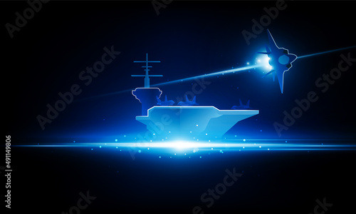 High speed concept. Aircraft carrier Fighter jet in the form of Arrow Light out technology background Hitech communication concept innovation background, vector design