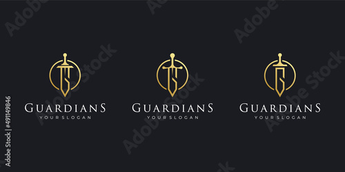 Set Monogram Luxury Gold Initials Letter S with Sword Golden Kingdom Vector Logo Design