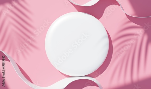 3d render top view of white blank cylinder frame for mock up and display products with shadows of palm leaves, earth tone, and violet wall background. Creative idea concept. Widow shadow.