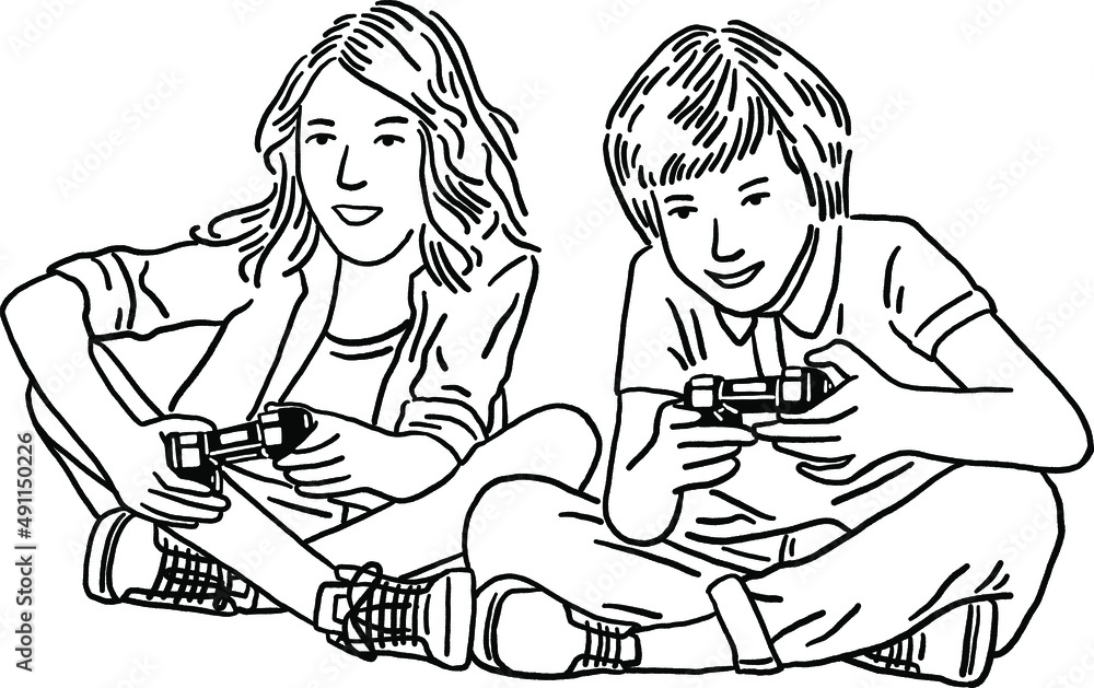 Kids play Video game Hand with Joystick control Children Activity Hand drawn line art Illustration